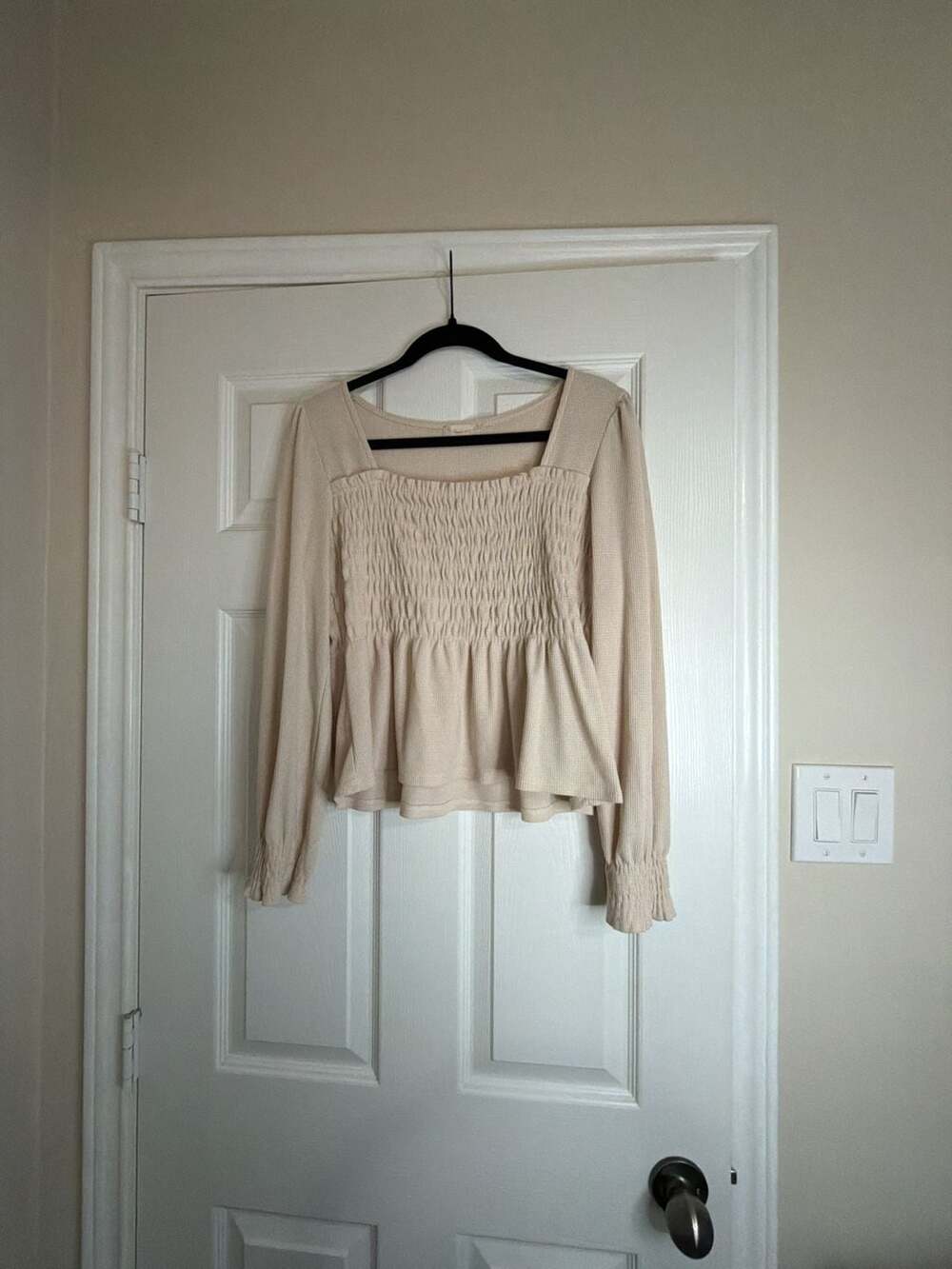 Altar'd State Waffle Knit Smocked Blouse Size L Cream Long Sleeve Peplum